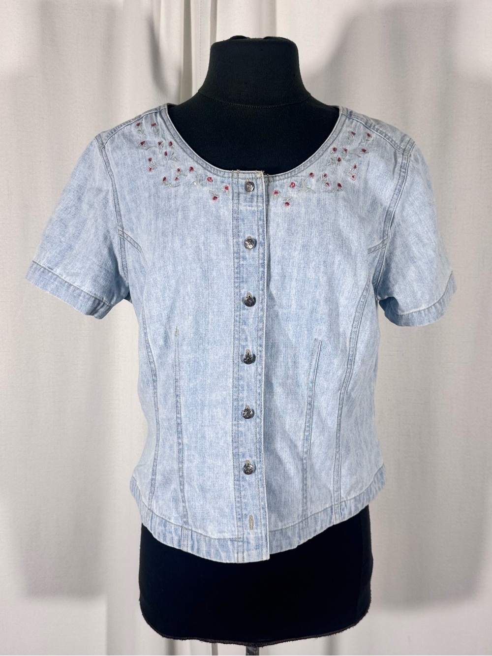 Vintage Floral Embroidered Chambray Denim Top